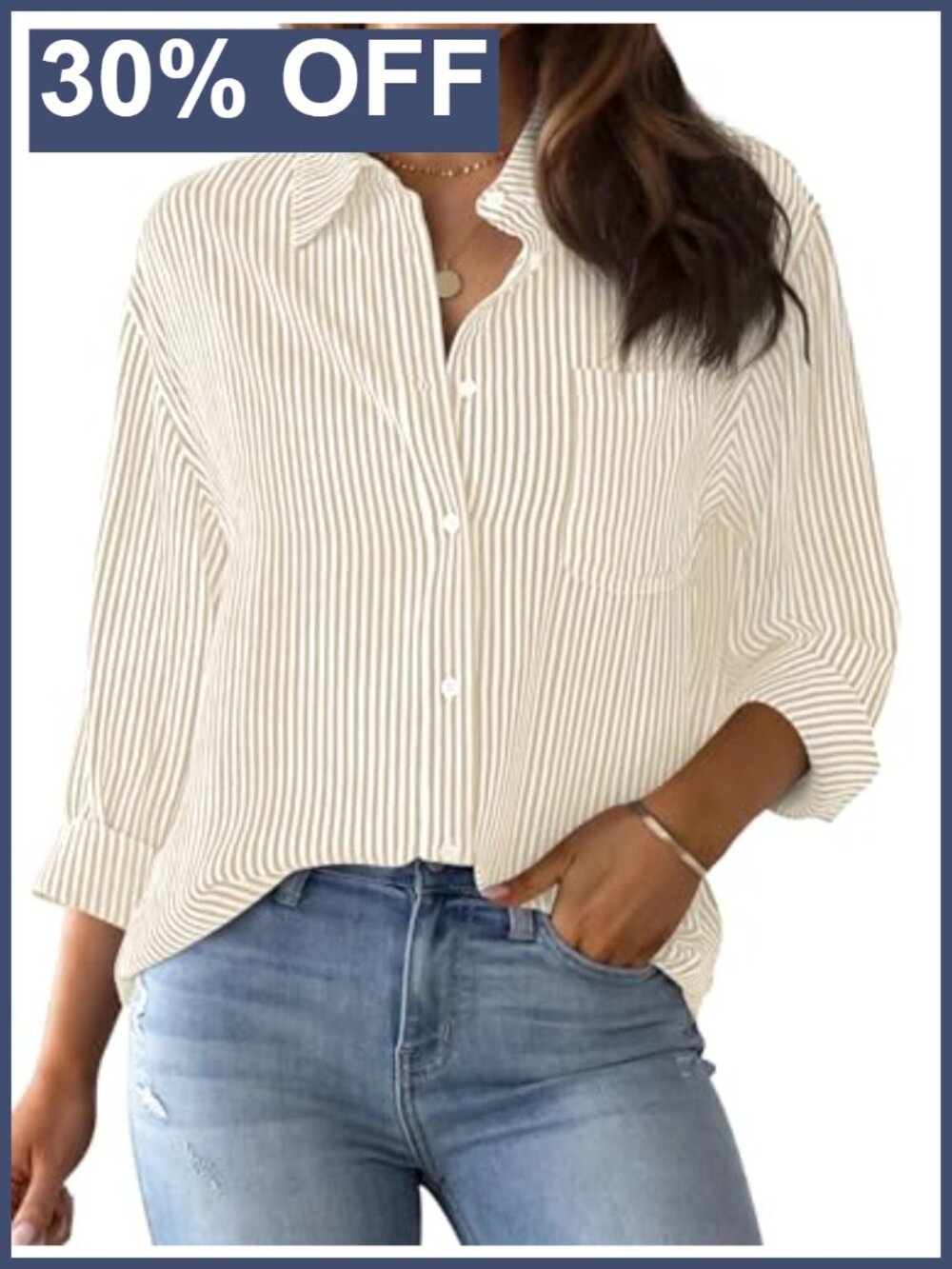 AISEW Women's Striped Button Down Shirt Long Sleeve V-Neck Collared Work Blouse